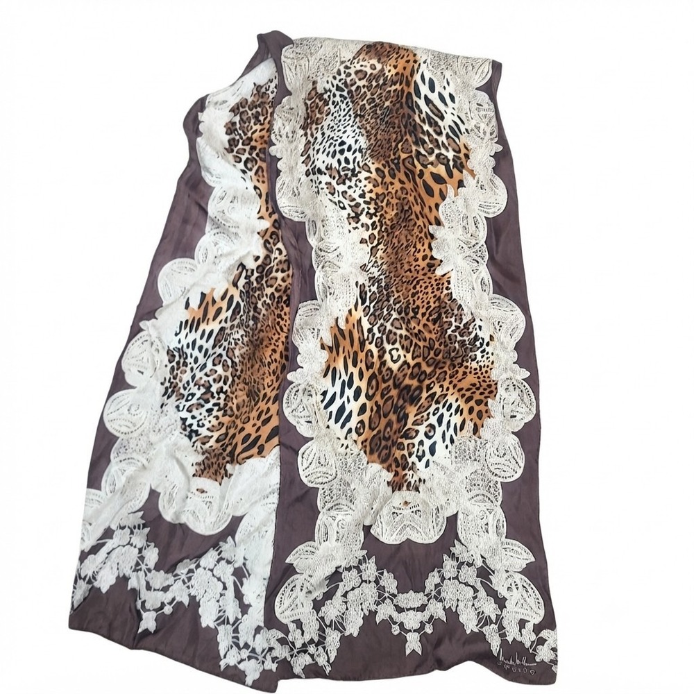 Nicole Miller Silk Leopard Print Scarf Cream Lace Pattern Mobwife Retro Glam